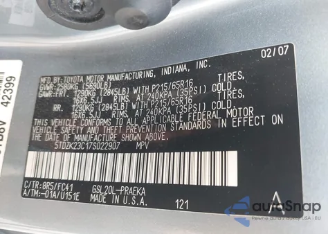 2007 Toyota Sienna Le from USA, damaged, VIN 5TDZK23C17S022907